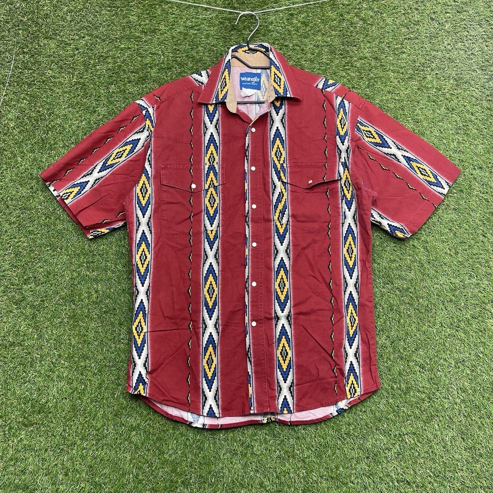 Vintage Wrangler Western Aztec Shirt Mens Medium Cowboy Rodeo 80s Pearl Snap